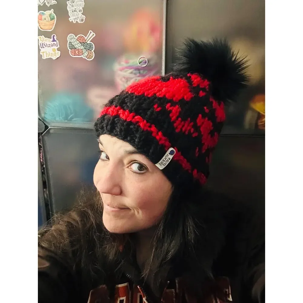 Goth Hearts Hand Knit Beanie: Chunky Valentine's Hat with Faux Fur Pom